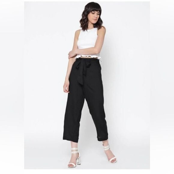 BBJ Los Angeles Black High-Waisted Tie-Front Wide-Leg Pants S - Picture 1 of 13